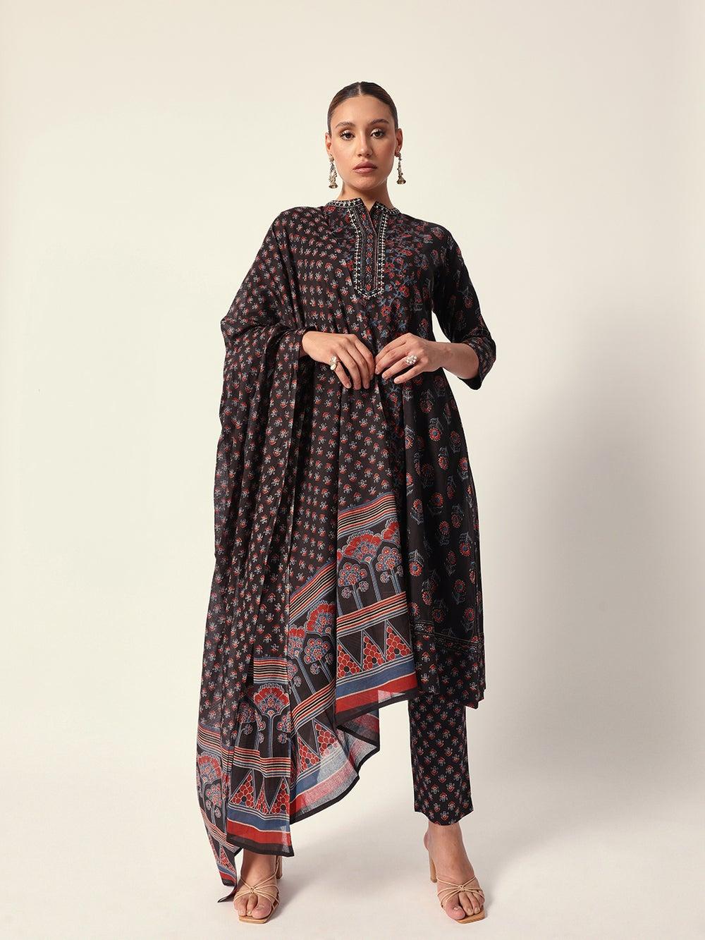 Black Textured Cotton Kurta Set with Full Palazzo - Image 1