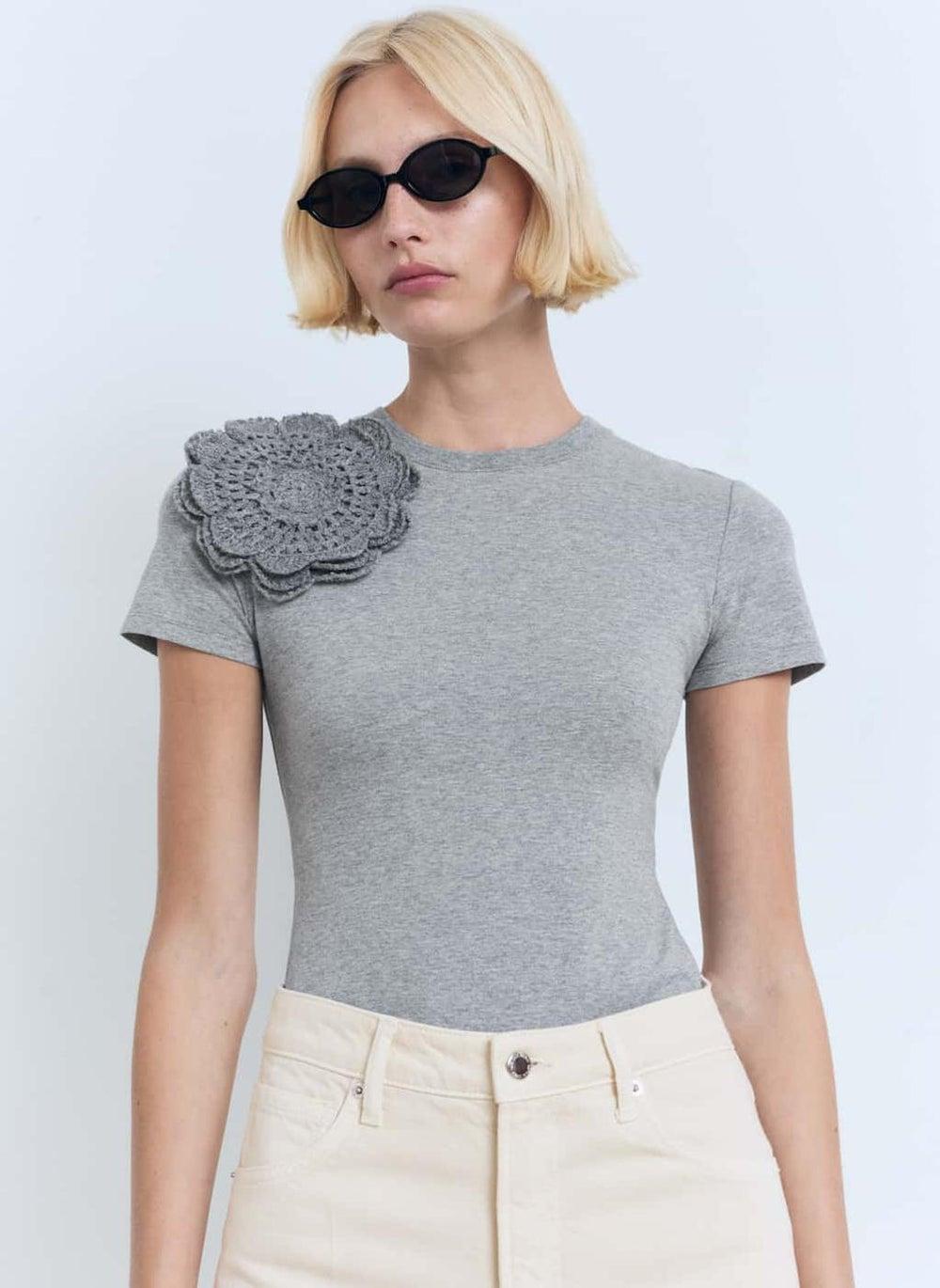 Crochet Flower Cotton T-Shirt 17011152 - Image 1
