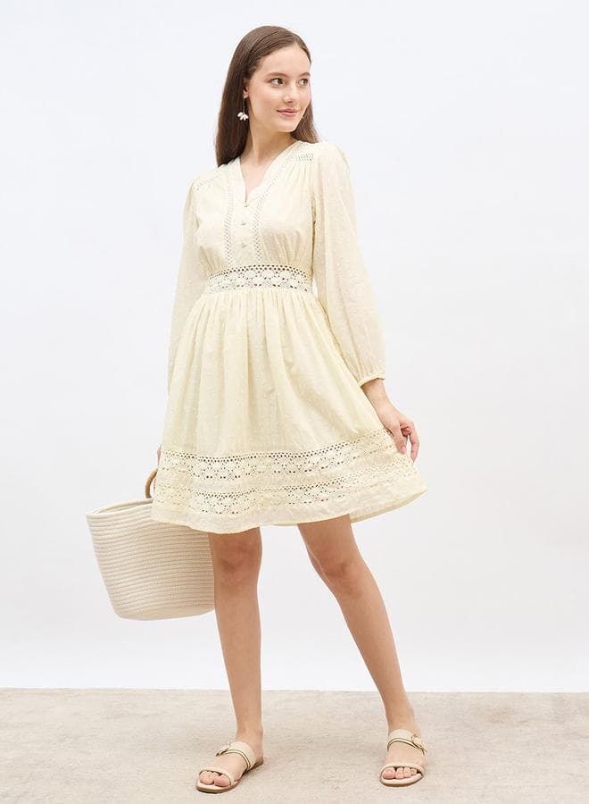 Styli Schiffli V-Neck A-Line Mini Dress Off White - Image 1