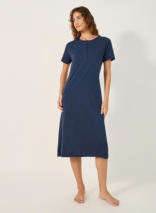 Navy Blue Yoke Placket Midi Nightdress 7011387303 - Image 1