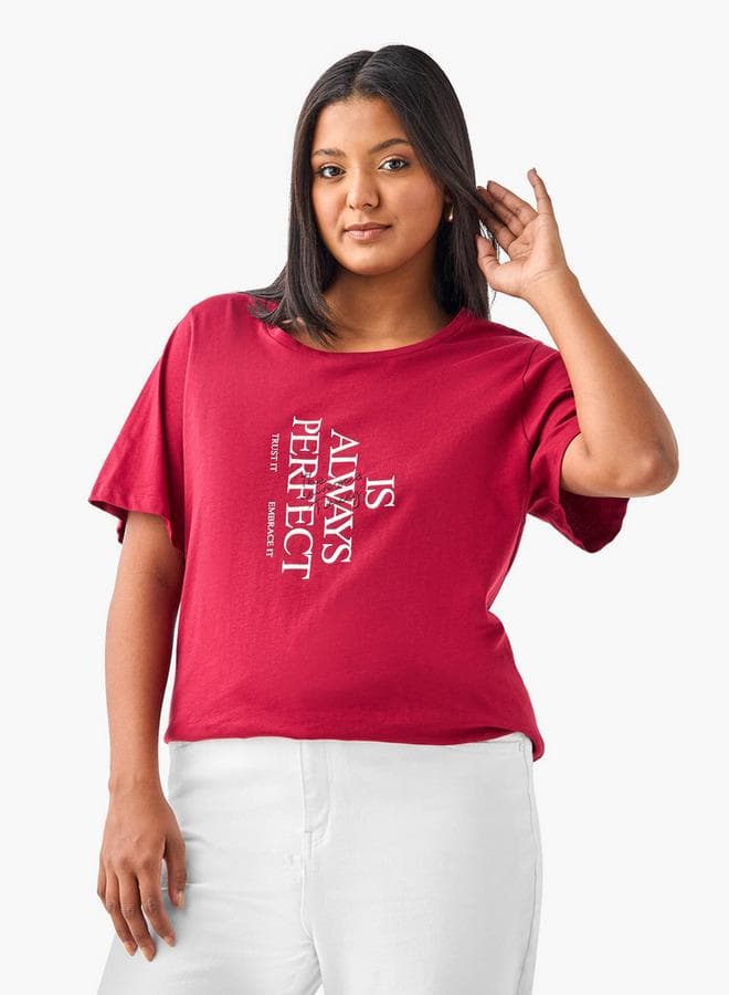 Ulla Popken Plus Size Red Slogan Cotton T-Shirt - Image 1