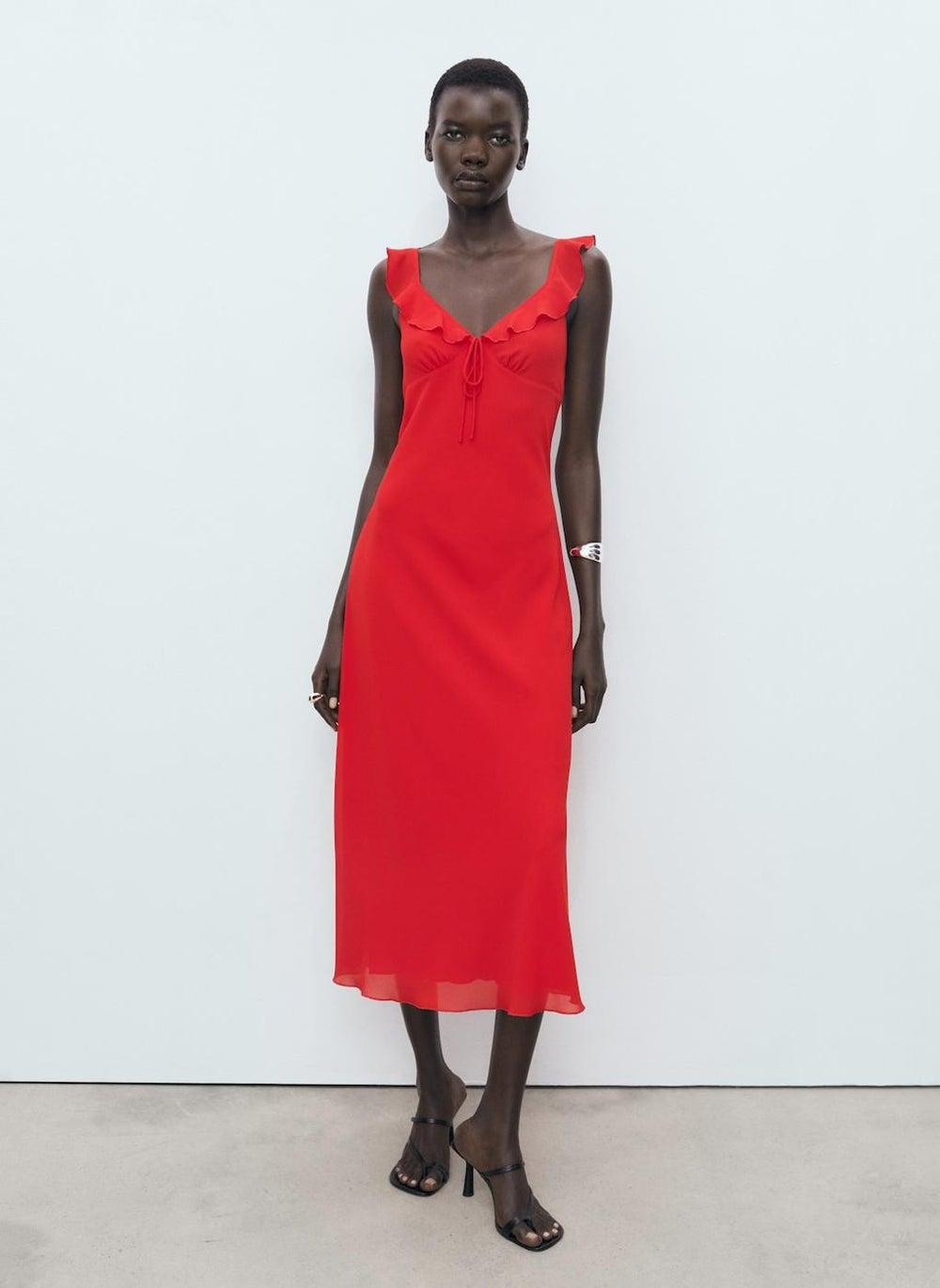 Bright Red Ruffle Neck Midi Slip Dress 17002545 - Image 1