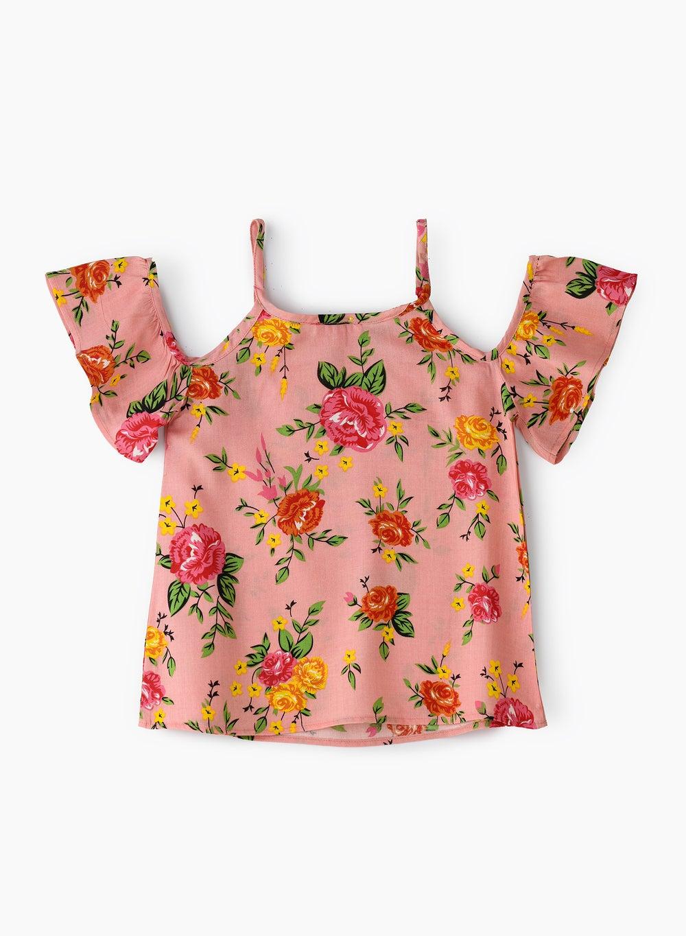 Girls' Pink Floral Cold Shoulder Top Xvmtdg234 - Image 1