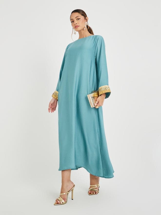 Amirah Blue Crinkled Lace Hem Jalabiya Dress - Image 1
