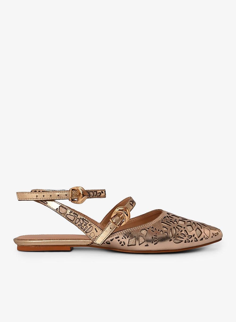 Golden Laser Cut Ballet Flat Sandals - Image 1