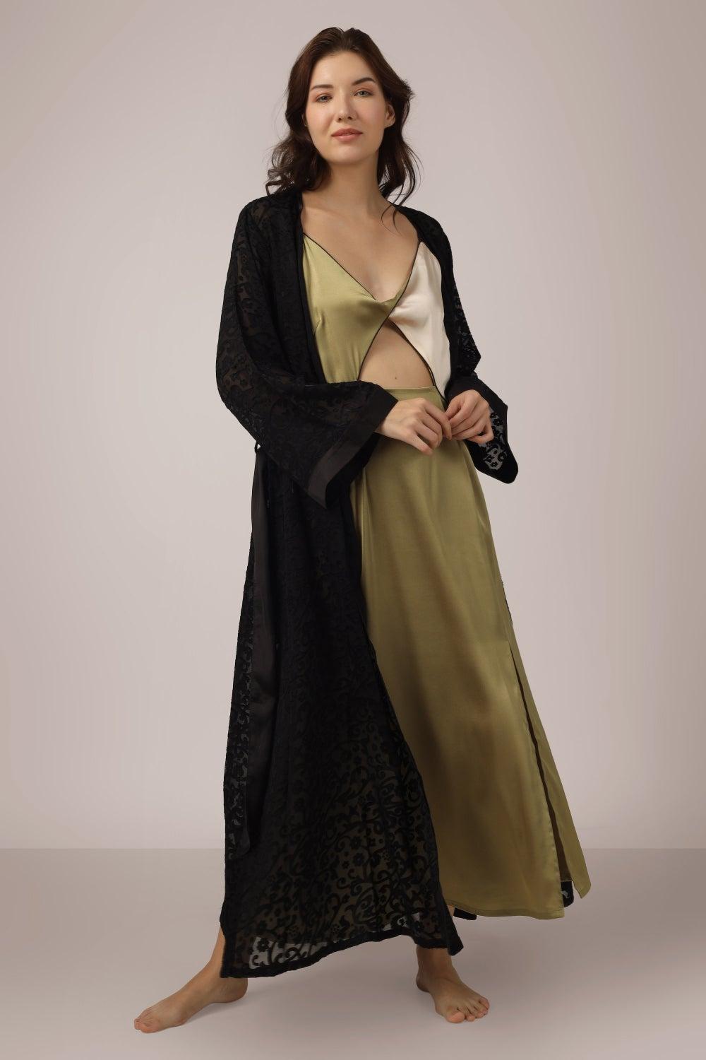 Andrea Olive Black Velvet Burnout Nightdress Set - Image 1