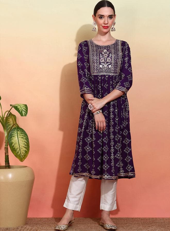Purple Printed Embroidered A-Line Kurta 7015080429 - Image 1