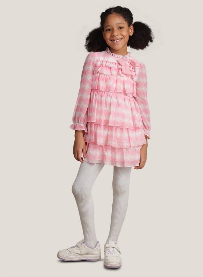Light Pink Tiered Chiffon Dress with Bow Detail - Image 1