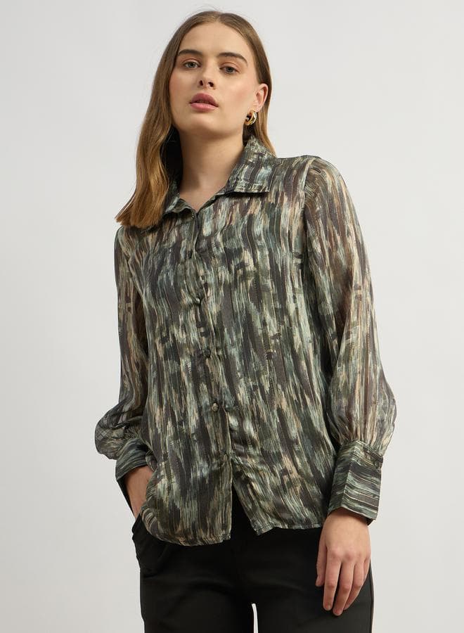 Abstract Print Balloon Sleeve Collared Blouse 7011435520 - Image 1