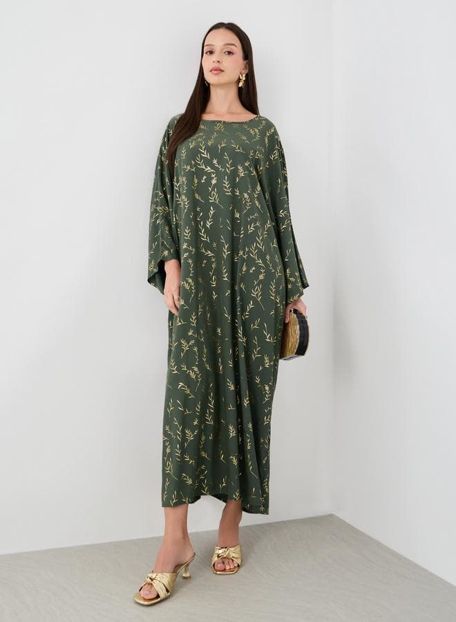 Khaki Foil Printed Batwing Sleeve Kaftan Dress - Image 1