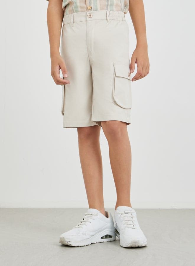 Boys Solid Cargo Shorts Mid Rise Casual Beige - Image 1