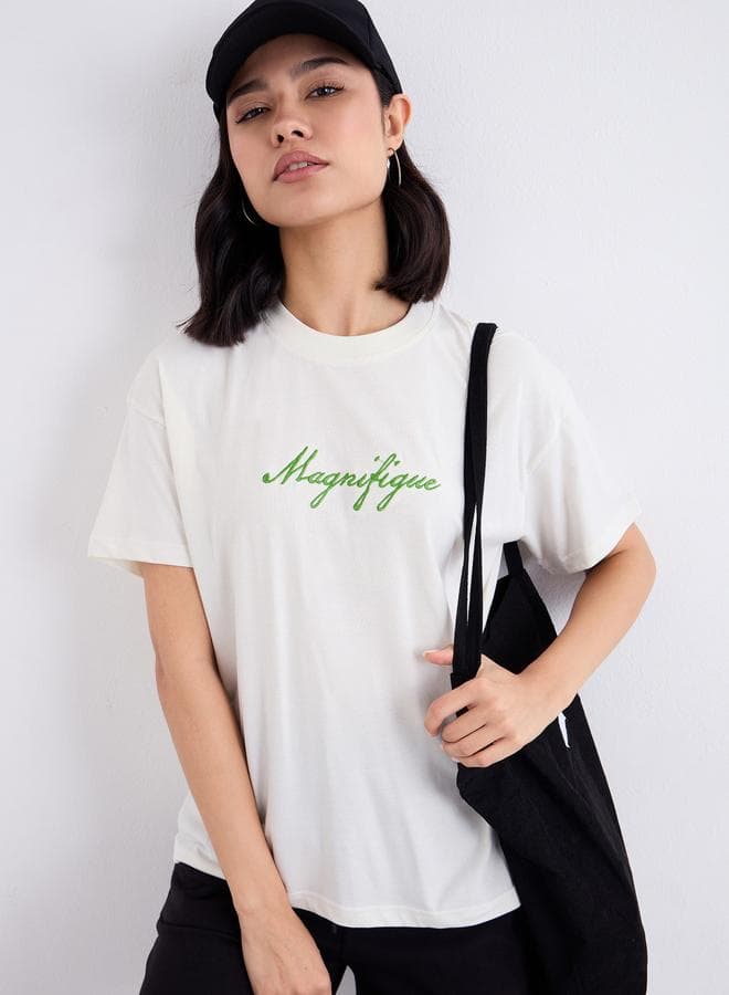 Styli Off White Embroidered Slogan Boxy Tee - Image 1