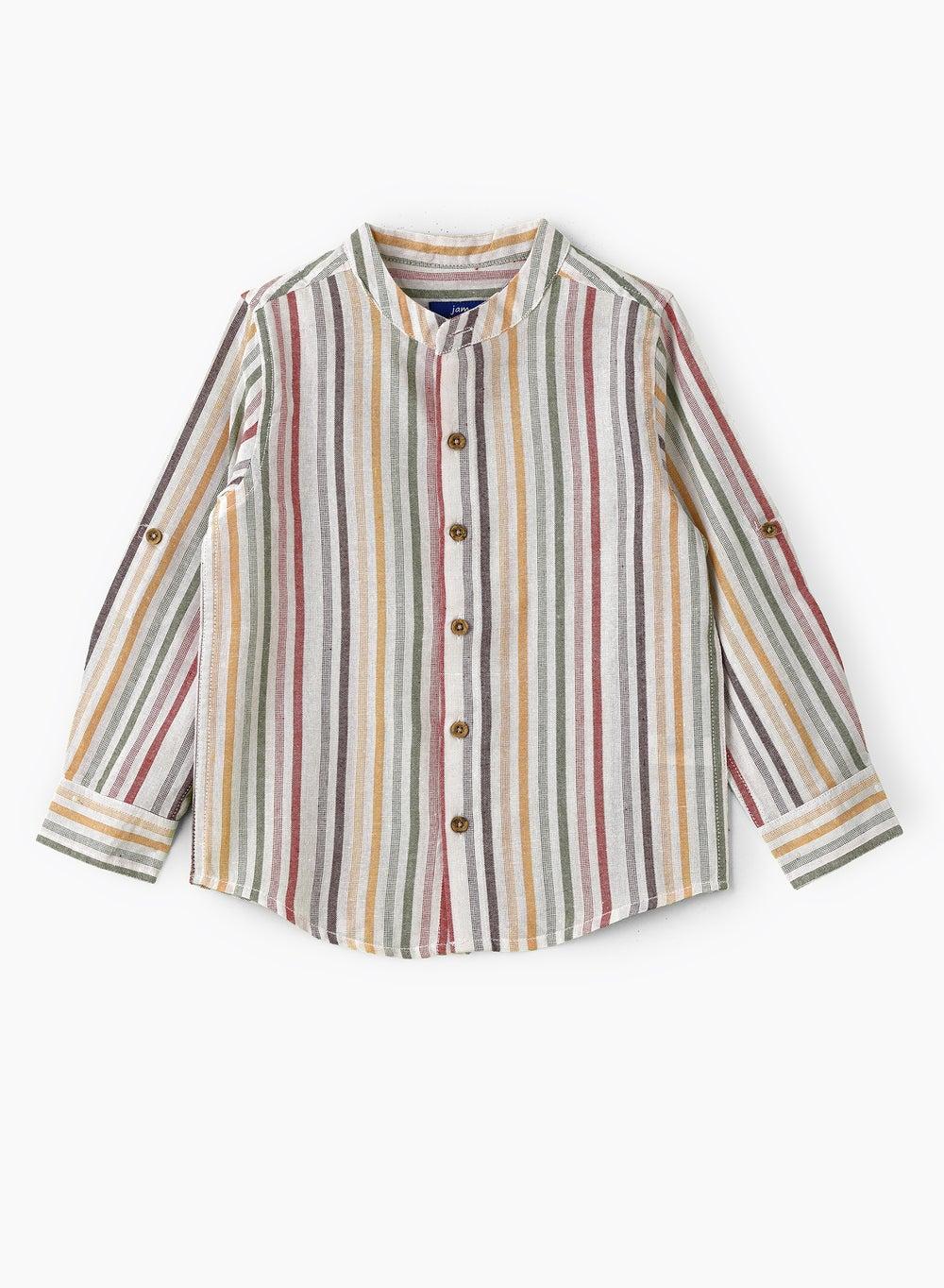 Boys Multicolor Striped Mandarin Collar Cotton Shirt - Image 1