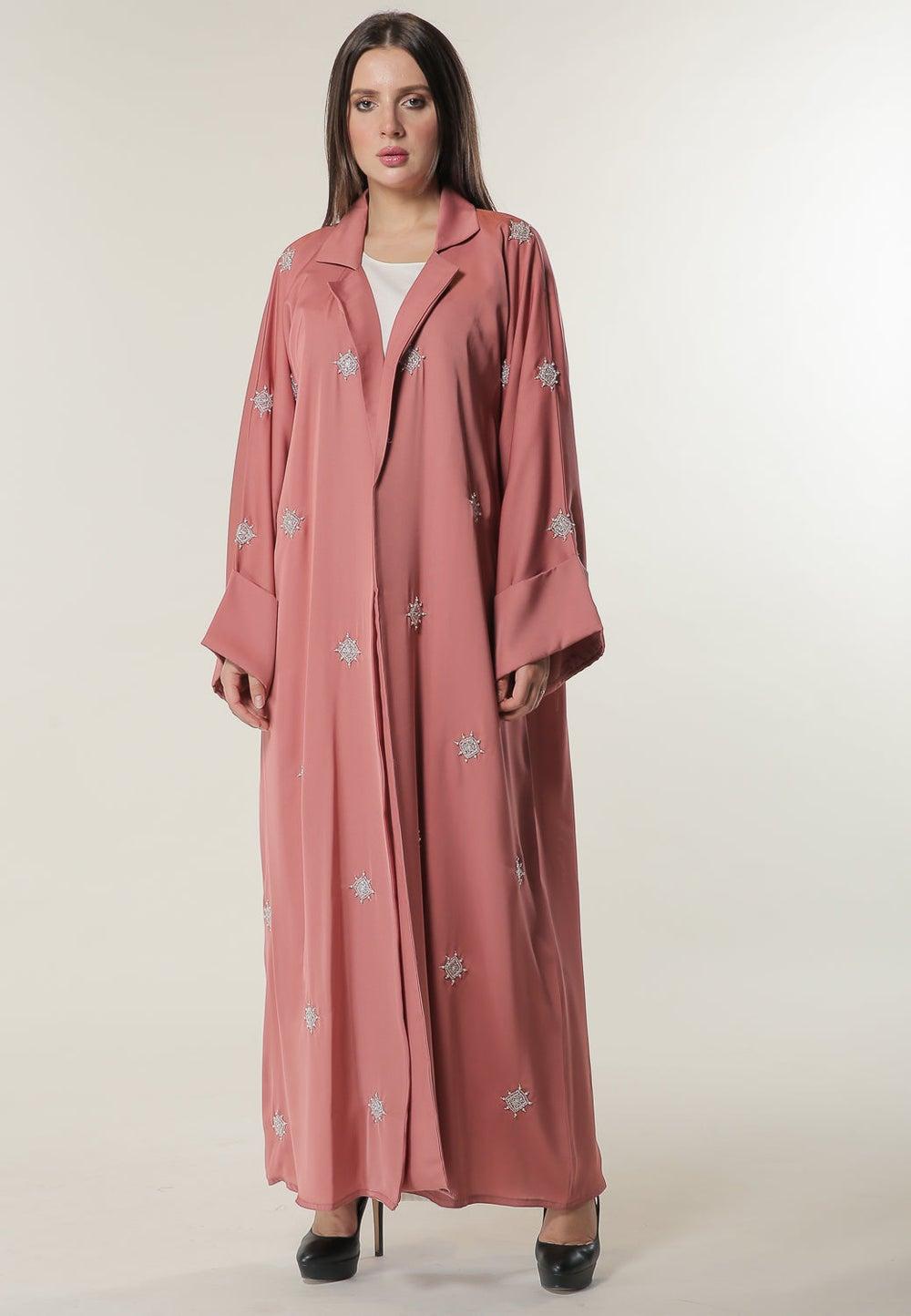 Pink Embellished Flared Sleeve Evening Abaya - Image 1