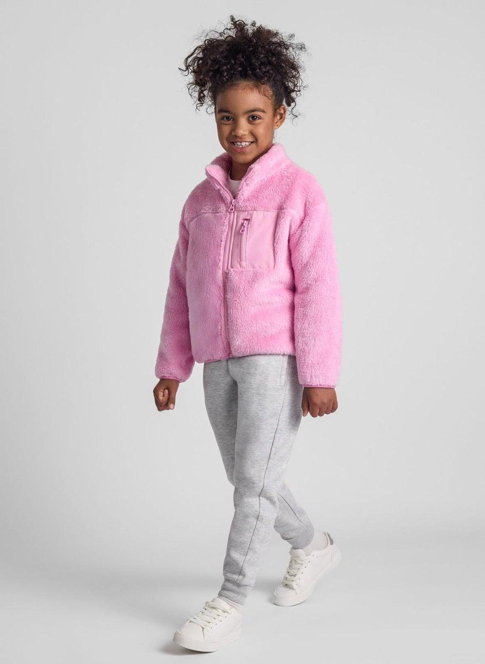 Girls Light Pink Fleece Zip Sweatshirt with Chest Pocket - Image 1