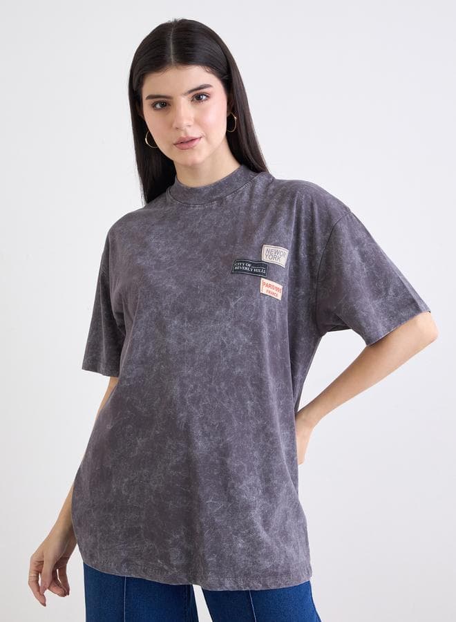 Charcoal Washed Oversized T-Shirt with Badge Detail - Image 1