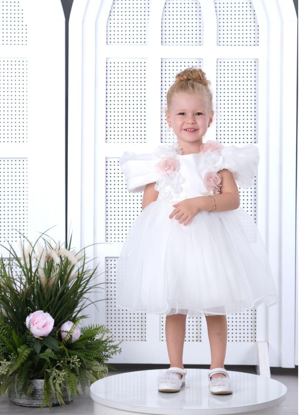 White Floral Off-Shoulder Flower Girl Dress - Image 1