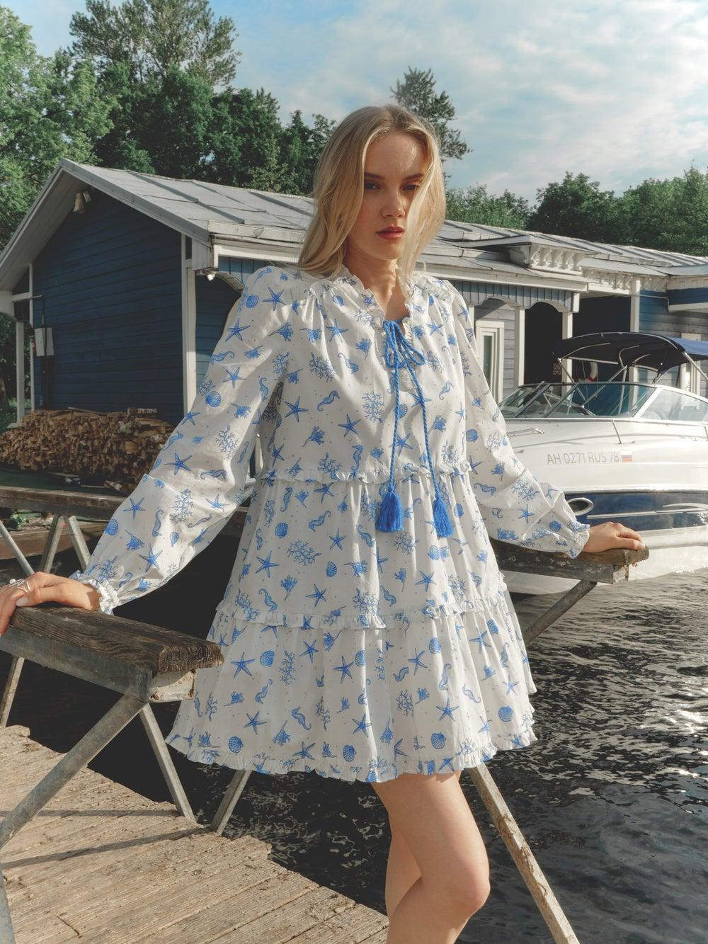 Light Blue Tiered Mini Dress with Vibrant Collar Ties - Image 1