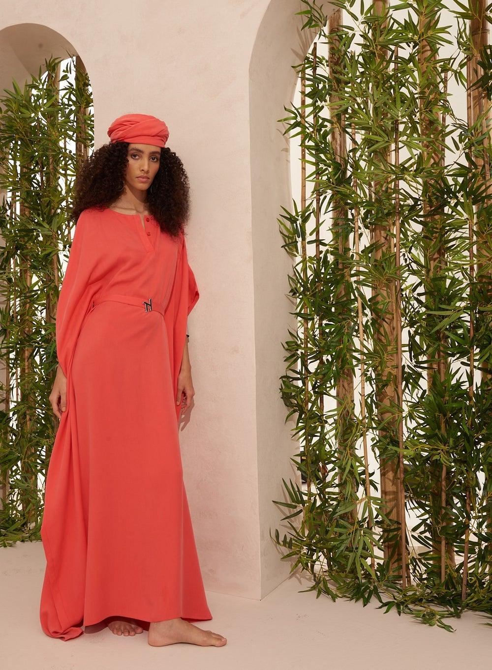 Ameera Red Tencel Kaftan with Elegant Belt - Image 1