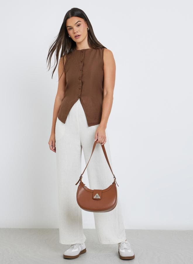 Cream Wide-Leg Linen Look Pants with Elastic Waist - Image 1