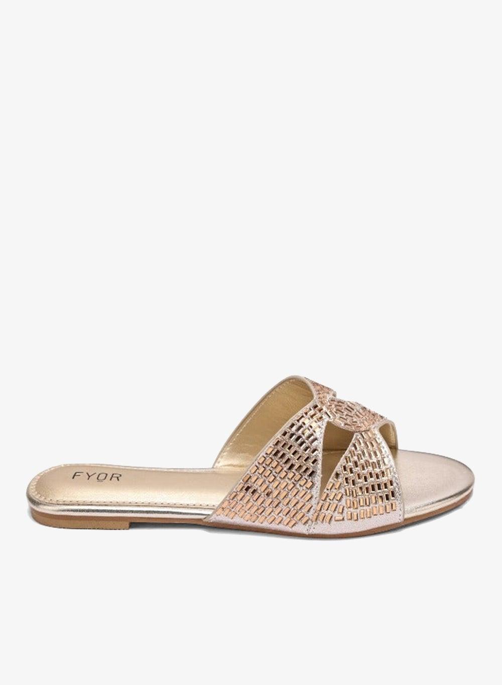 MY 249 Gold Mirror Cutwork Slide Sandals - Image 1