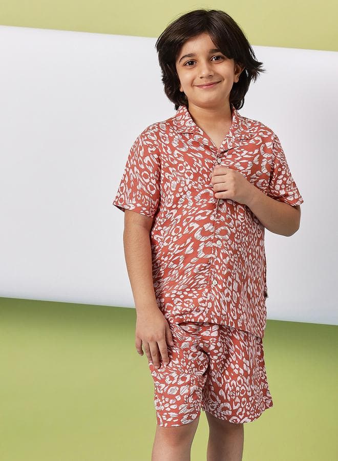 Stylo Bug Brown Rayon Printed Boys Shirt & Shorts Set - Image 1
