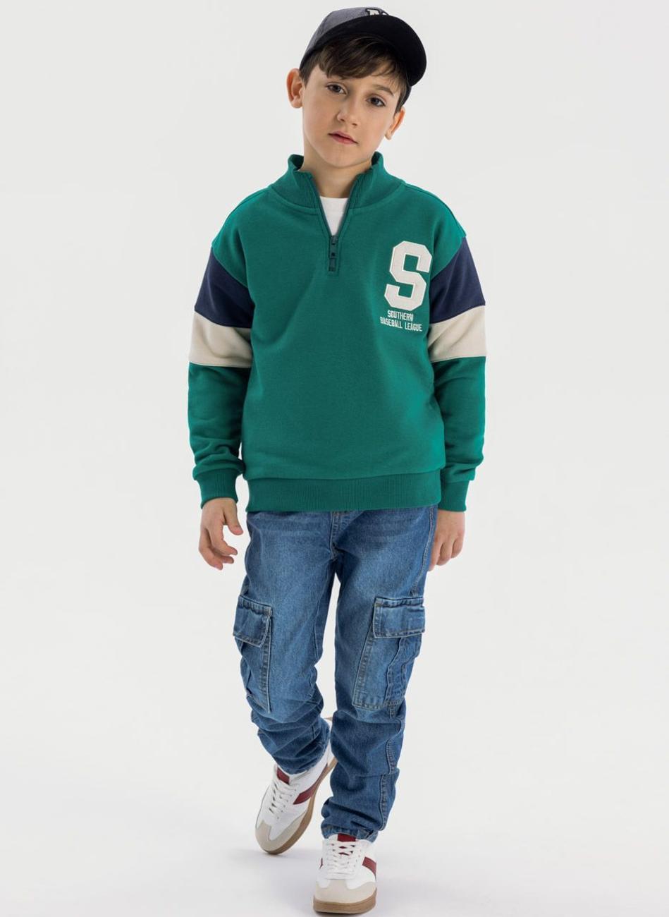 Boys Half Zip Printed Fleece Jumper Green - Image 1