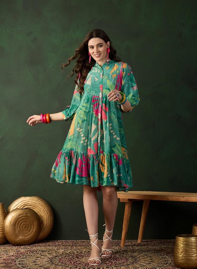 DW Printed A-Line Tiered Mini Dress 7015077613 Green - Image 1