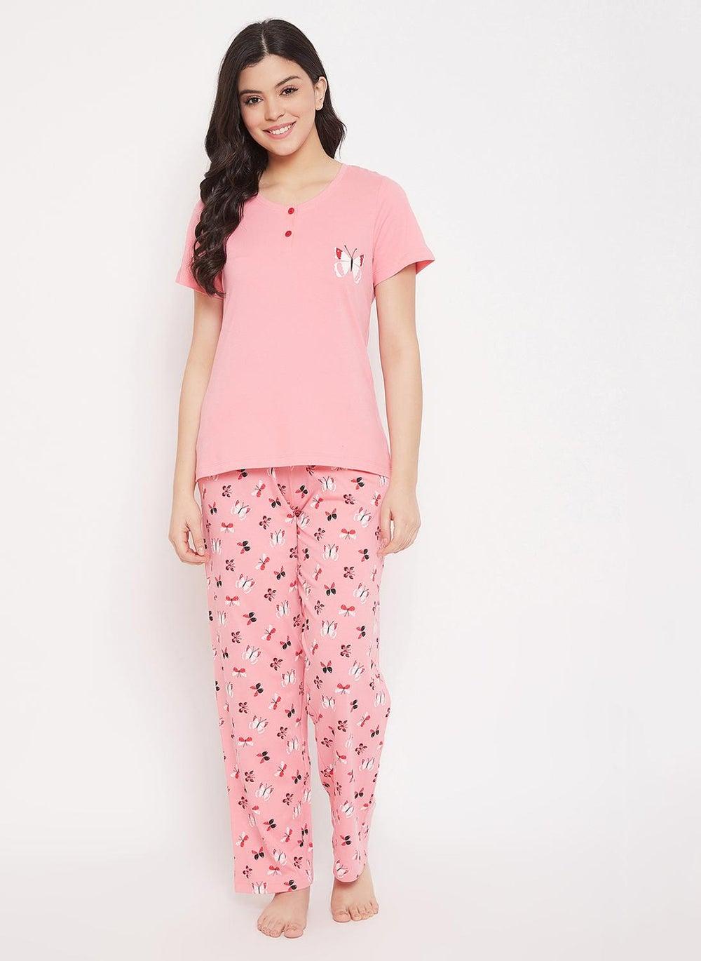 Clovia Peach Pink Butterfly Cotton Top & Pyjama Set - Image 1