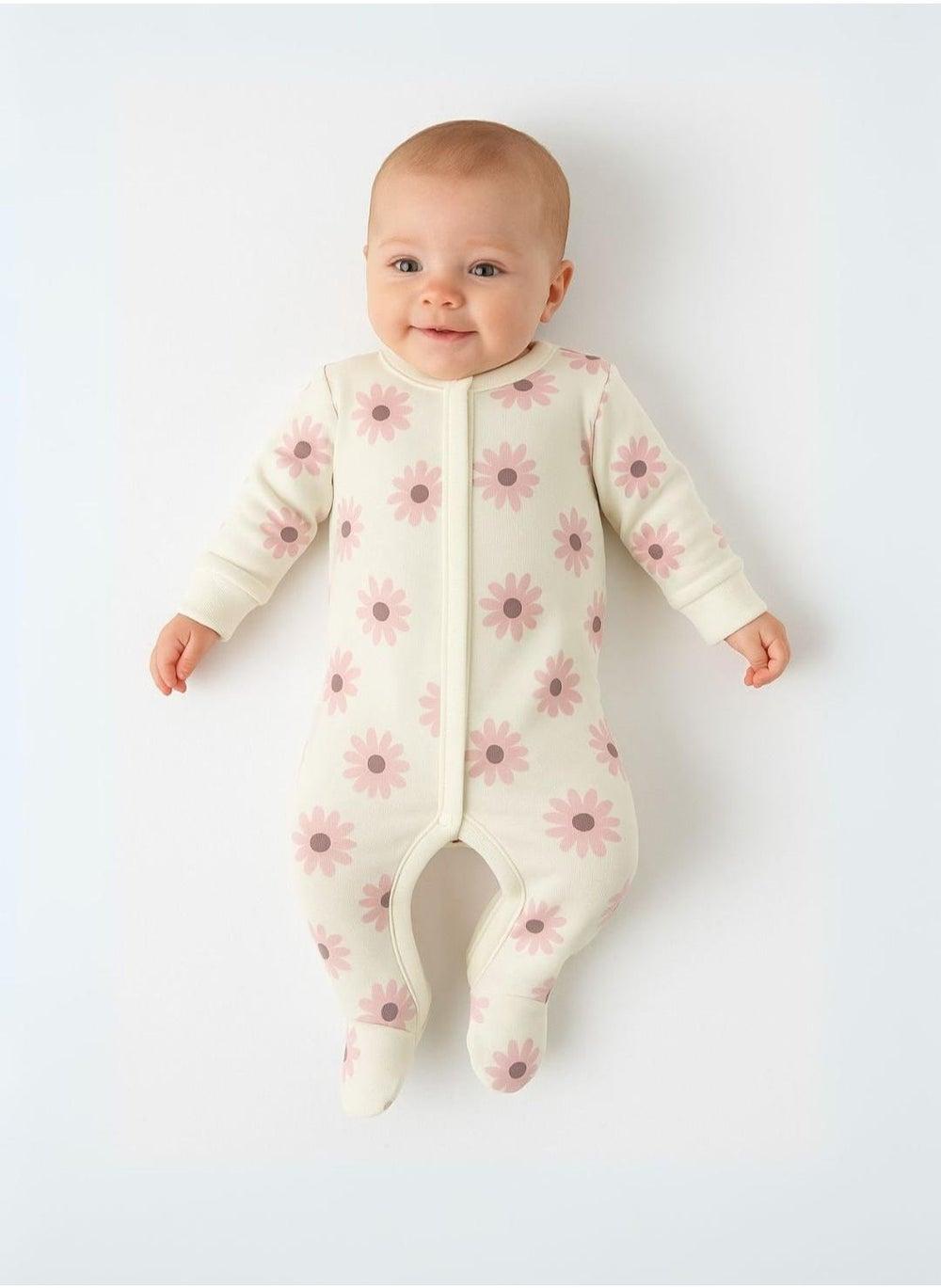 Girls 2 Pack Cotton Footed Sleepsuits Light Pink - Image 1
