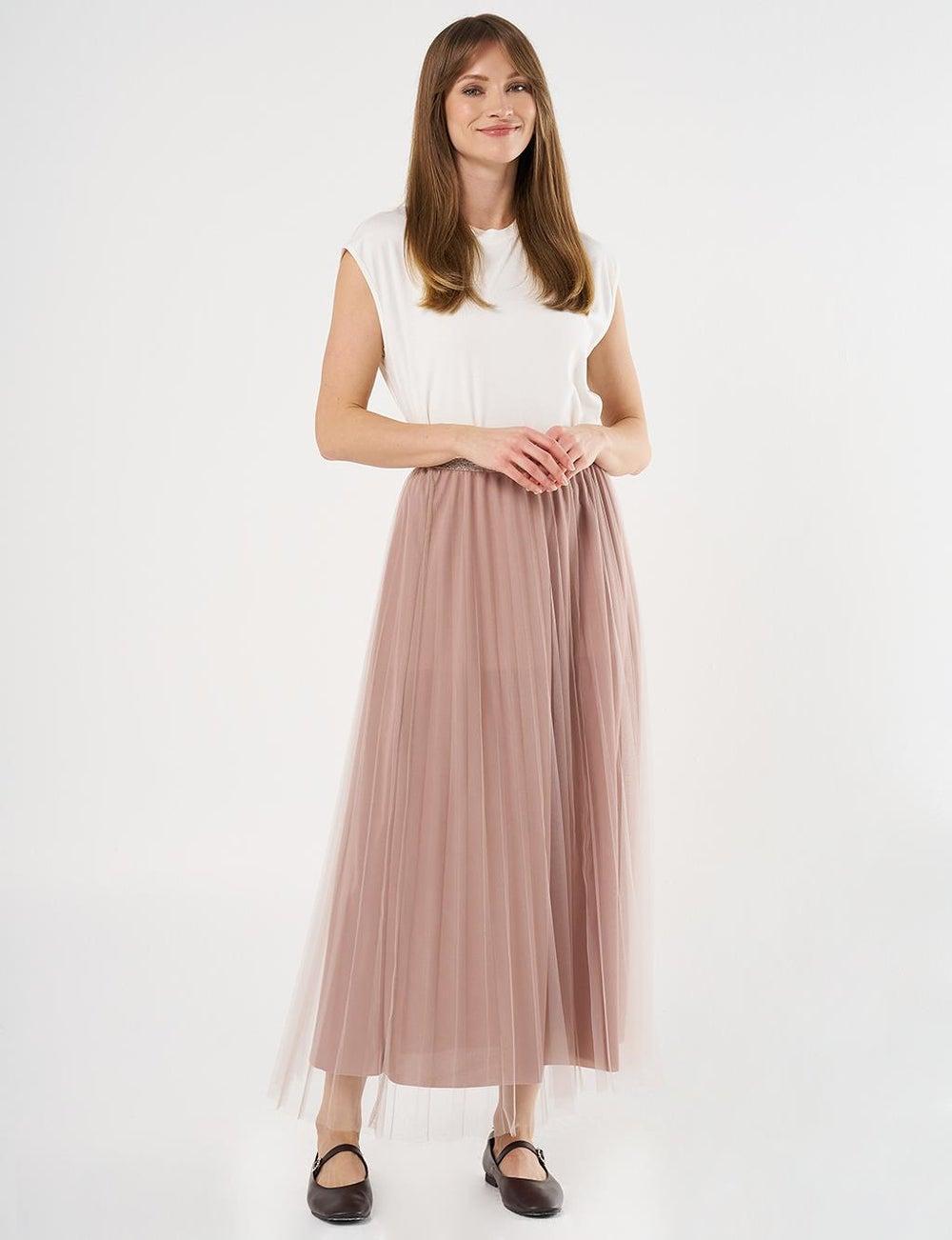 Beige Pleated Tulle Maxi Skirt KYR 95cm - Image 1