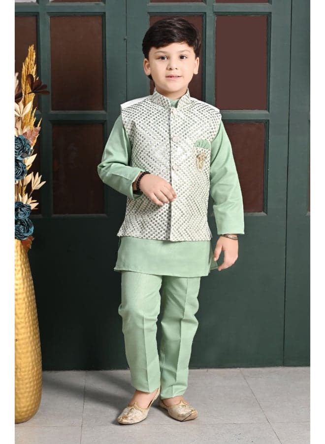 Boys Green Kurta Pyjama Waistcoat Festive Set - Image 1