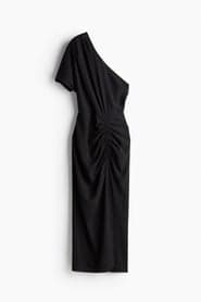 Black Draped One-Shoulder Midi Dress with High Slit - Image 1