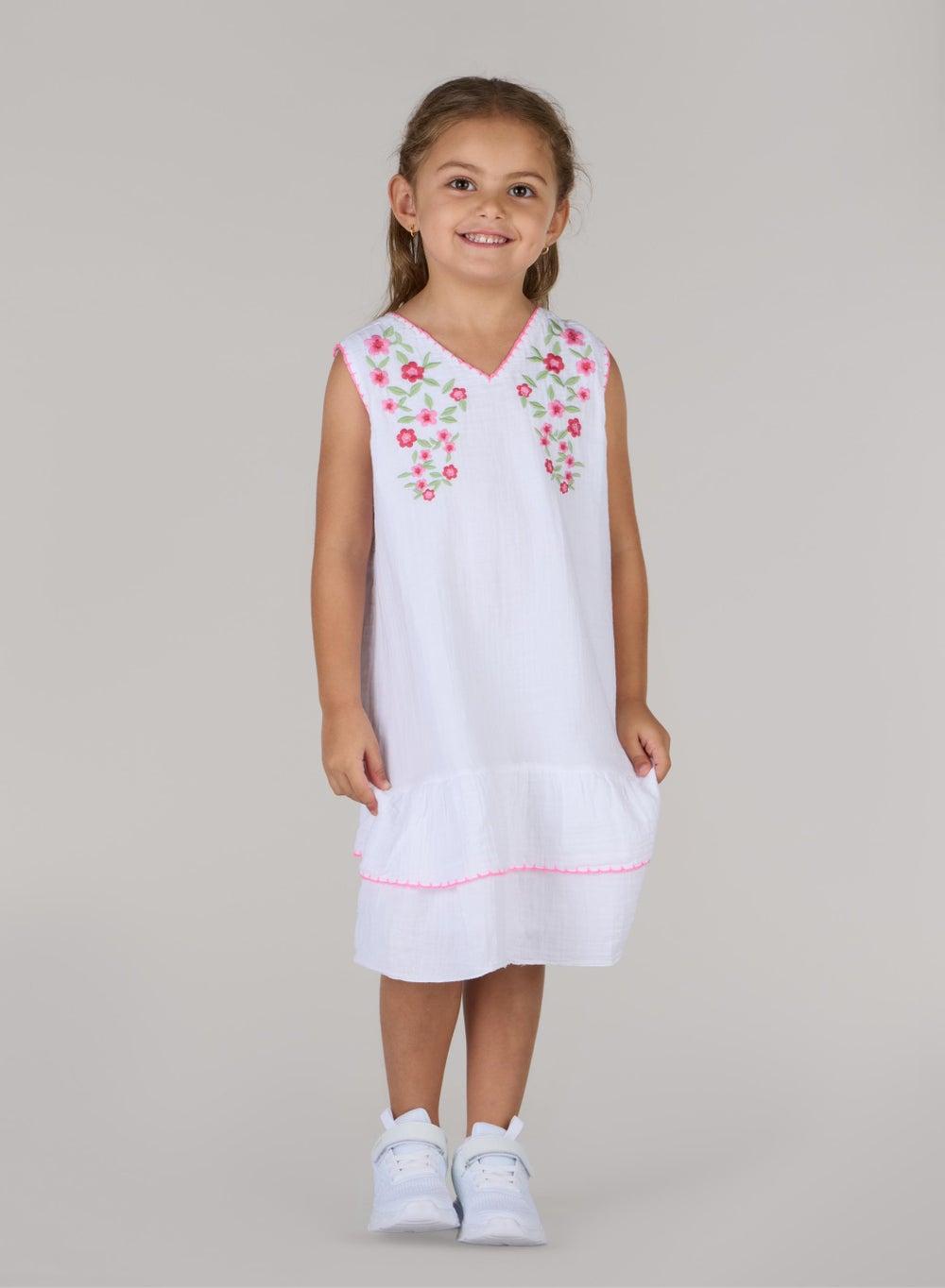Rose Embroidered Ruffled Hem Cotton Midi Dress - Image 1