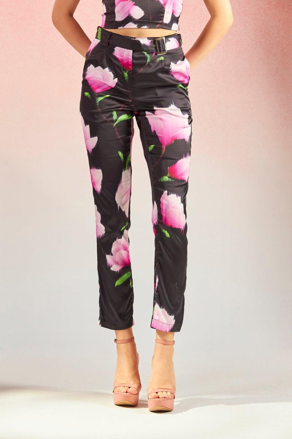 Black Floral Satin Stretch Dinner Trousers for Women - Image 1