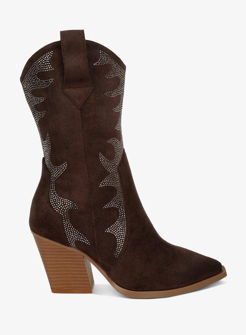 Brown Rhinestone Calf Boots Sh5262 Western Glam - Image 1