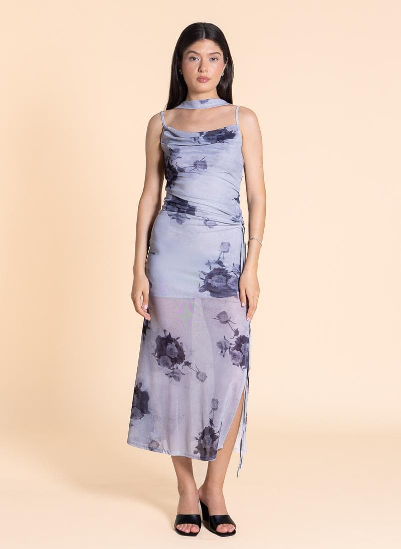 Floral Choker Midi Dress in Light Blue - Image 1
