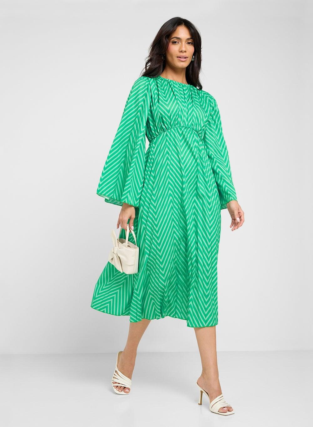 Bright Green Chevron Midi Dress S25 D340 - Image 1