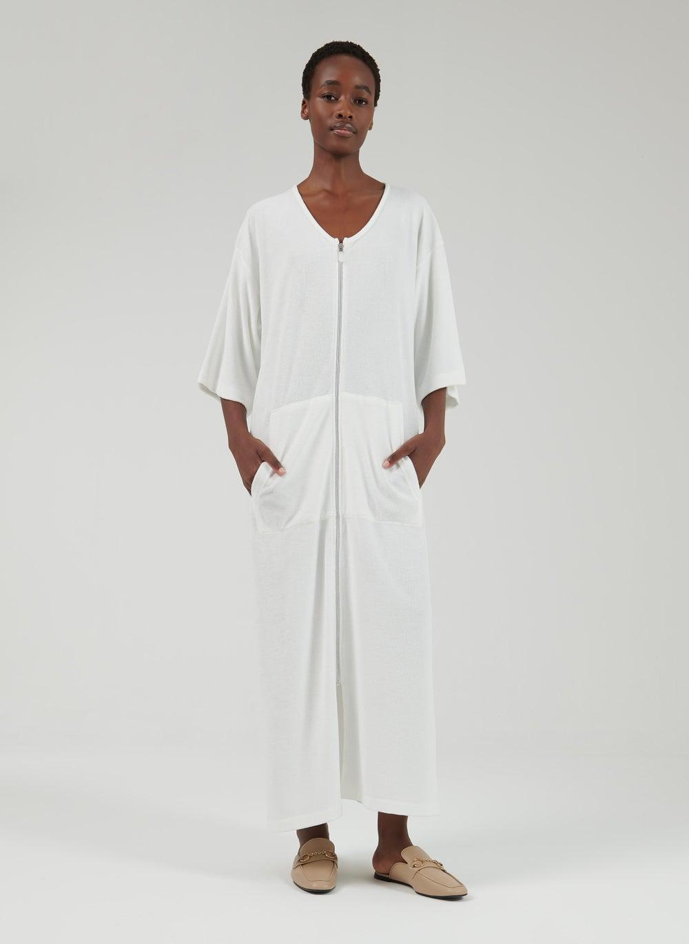 White Zipped Maxi Kaftan with Pockets - Image 1