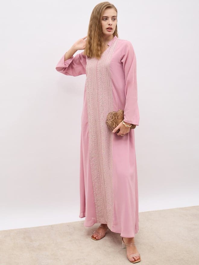 Pink Sequin Embroidered Panelled Jalabiya with Collar - Image 1