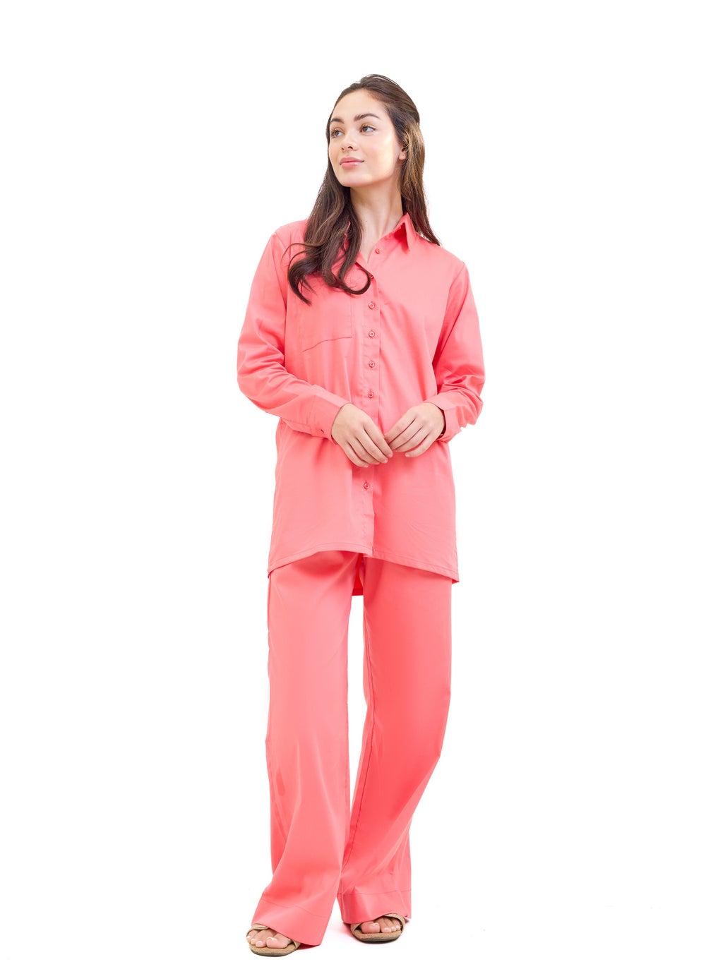 Coral Pink Two-Piece Collared Suit Set - Image 1