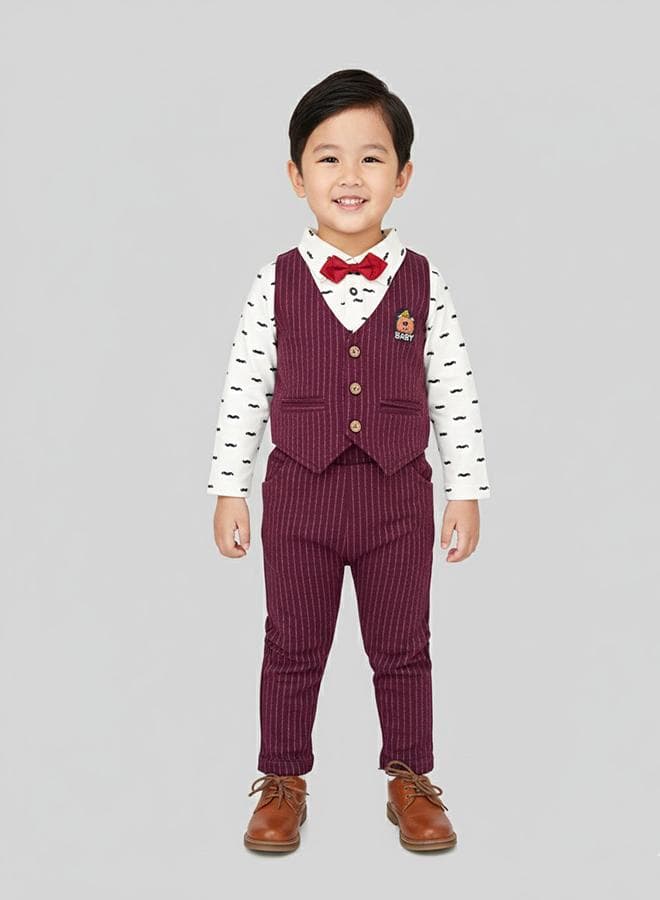 Burgundy Striped Waistcoat Suit Set with Bow Tie 7906 - Image 1