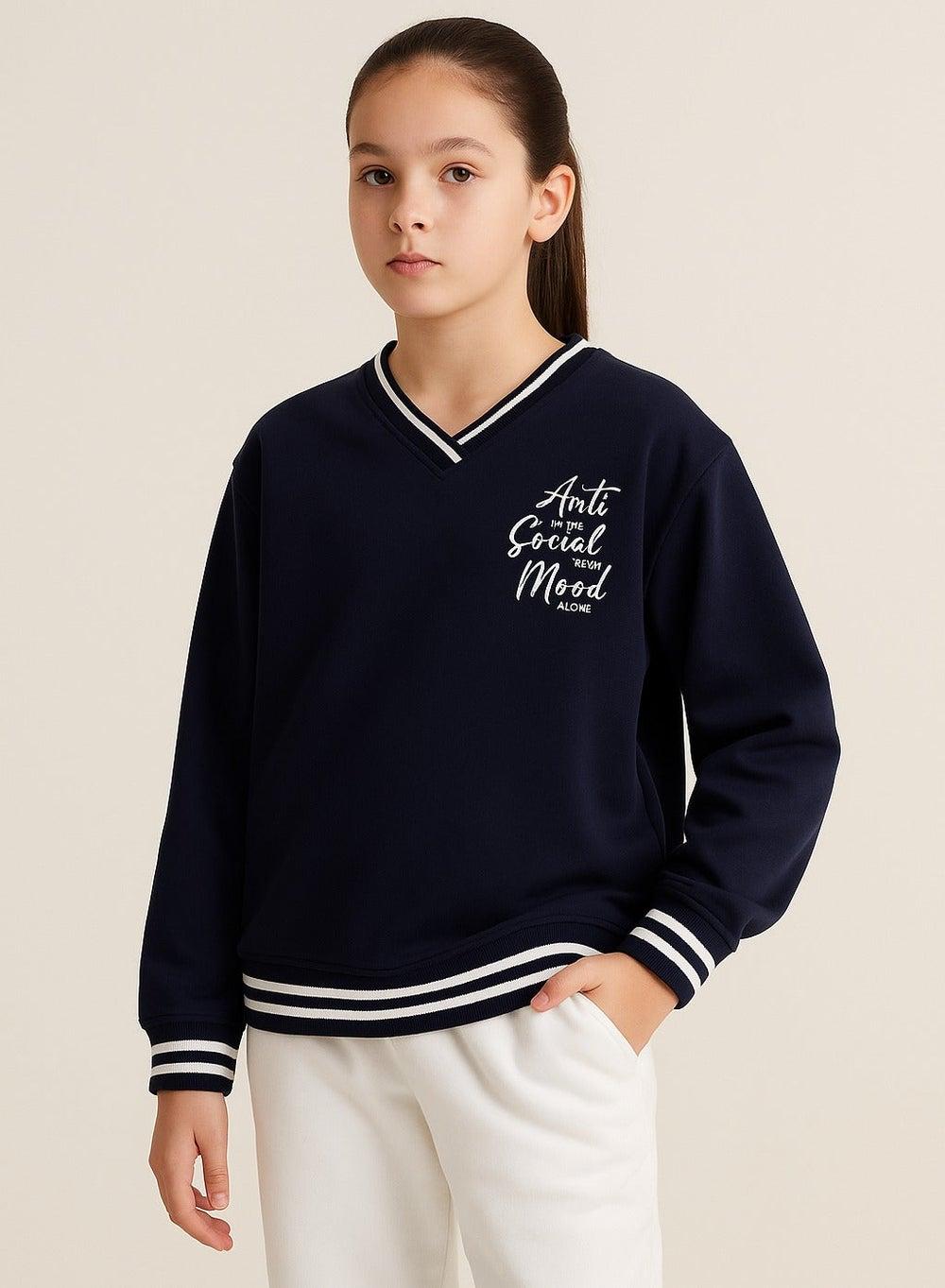 V-Neck "Anti Social Mood" Navy Sweatshirt - Image 1
