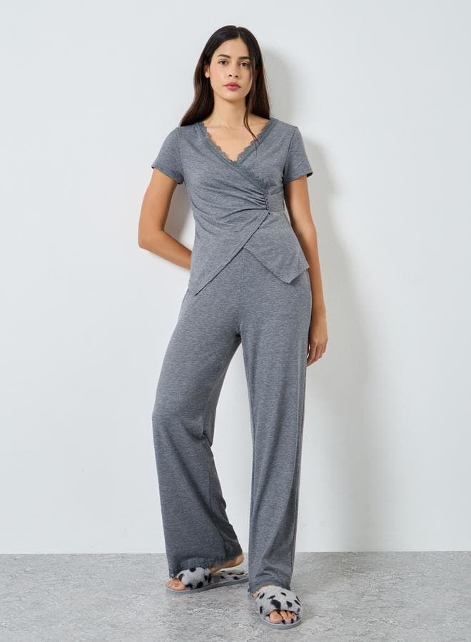 Styli Charcoal Lace Detail Wrap Pyjama Set - Image 1