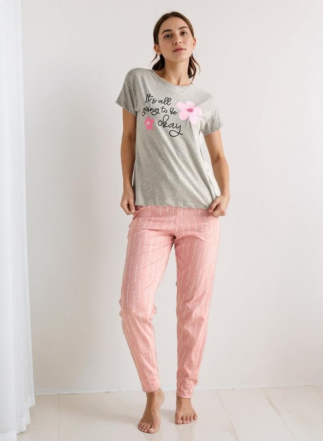 Pink Cotton Blend Pyjama Set T-Shirt & Pants - Image 1