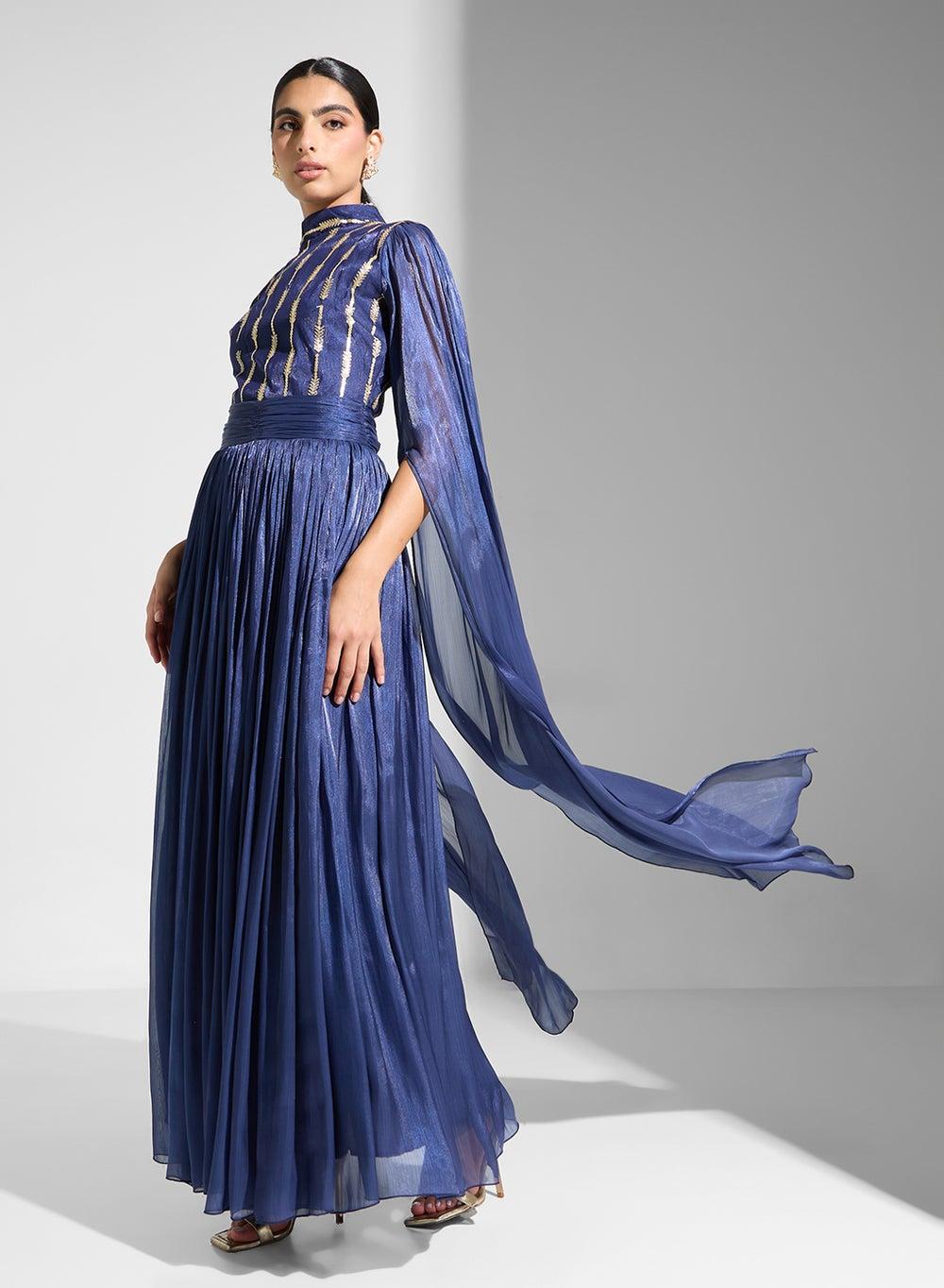 Navy Pleated Cape Maxi Dress with Gold Collar - Image 1