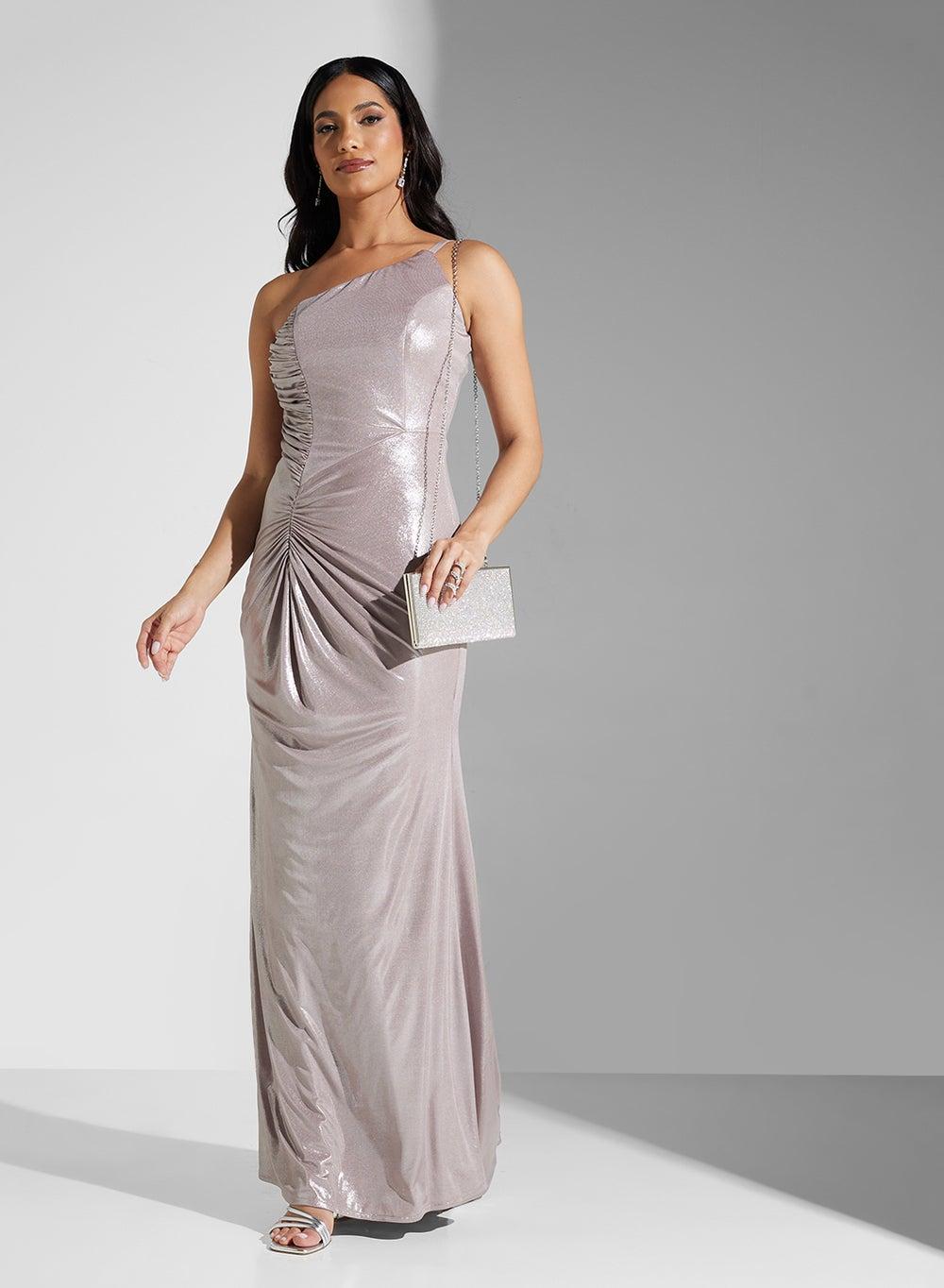 Ms24 09 09 One-Shoulder Metallic Evening Maxi Dress - Image 1