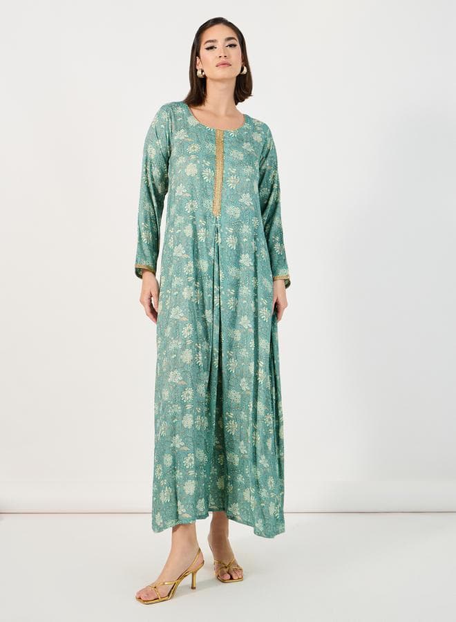Blue All-Over Print Jalabiya with Gold Trim 7007212103 - Image 1
