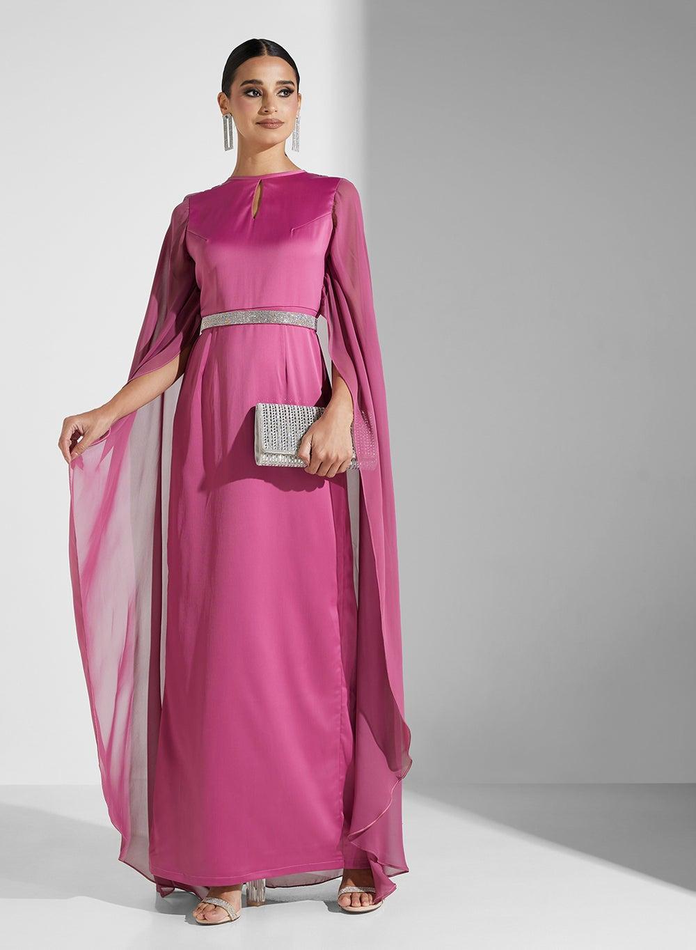 Fuchsia Satin Caped Evening Dress with Belt - Image 1