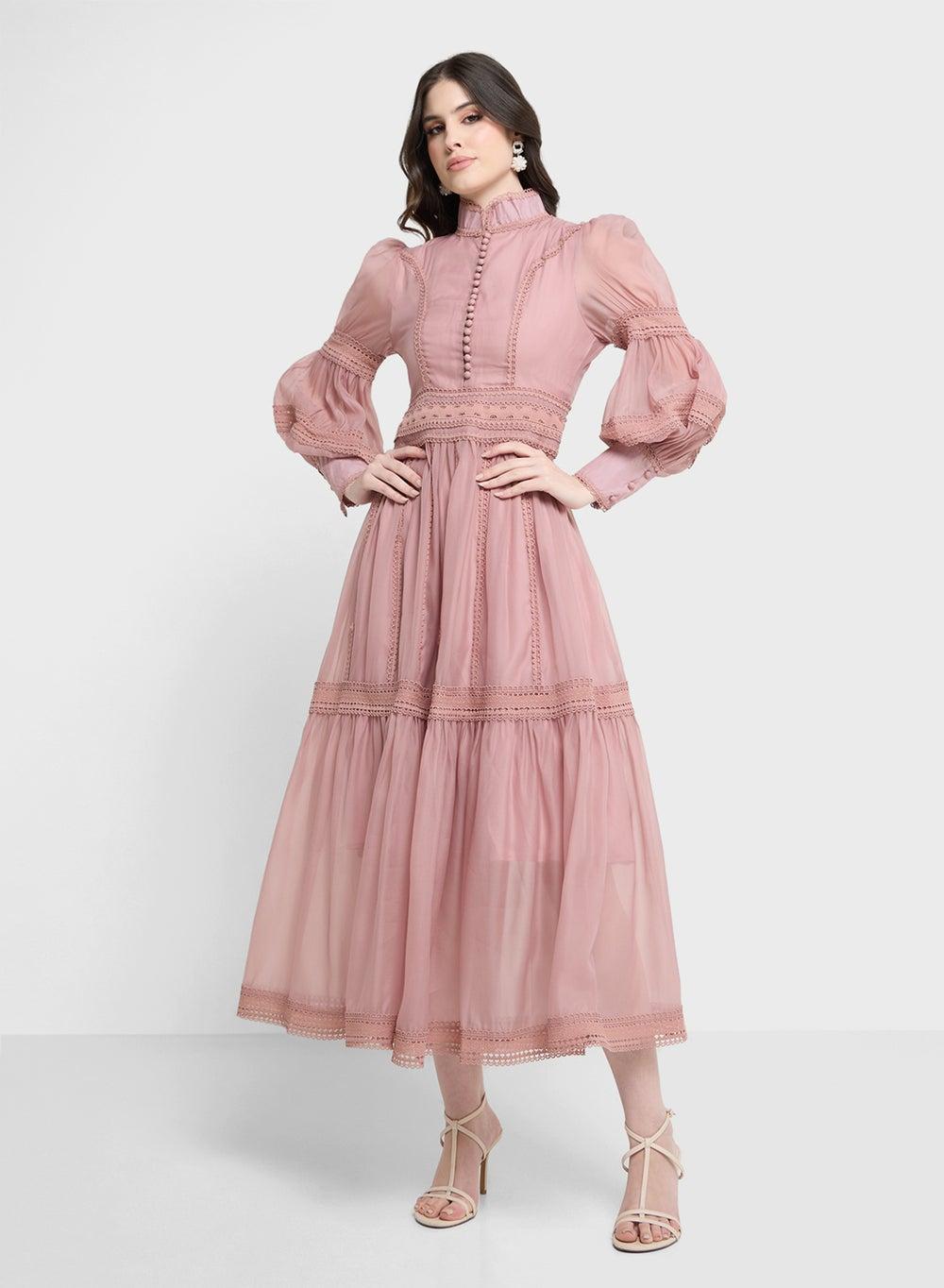 9010 Dusty Pink Chiffon Lace Maxi Dress - Image 1